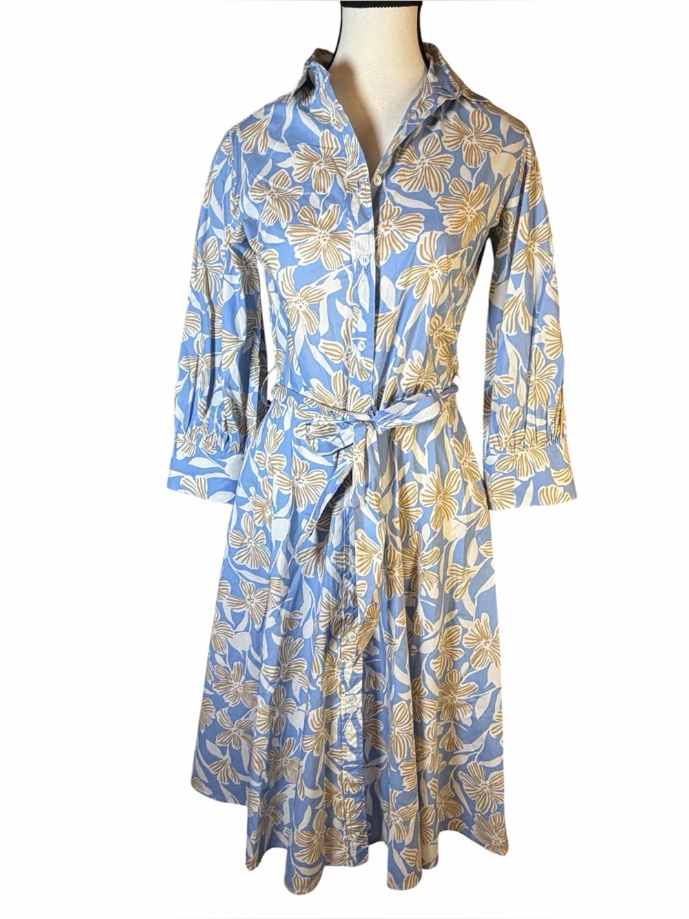Rosso35 Italy Sky Blue Tan Floral Cotton Voile Midi Shirt Dress Belted Size S